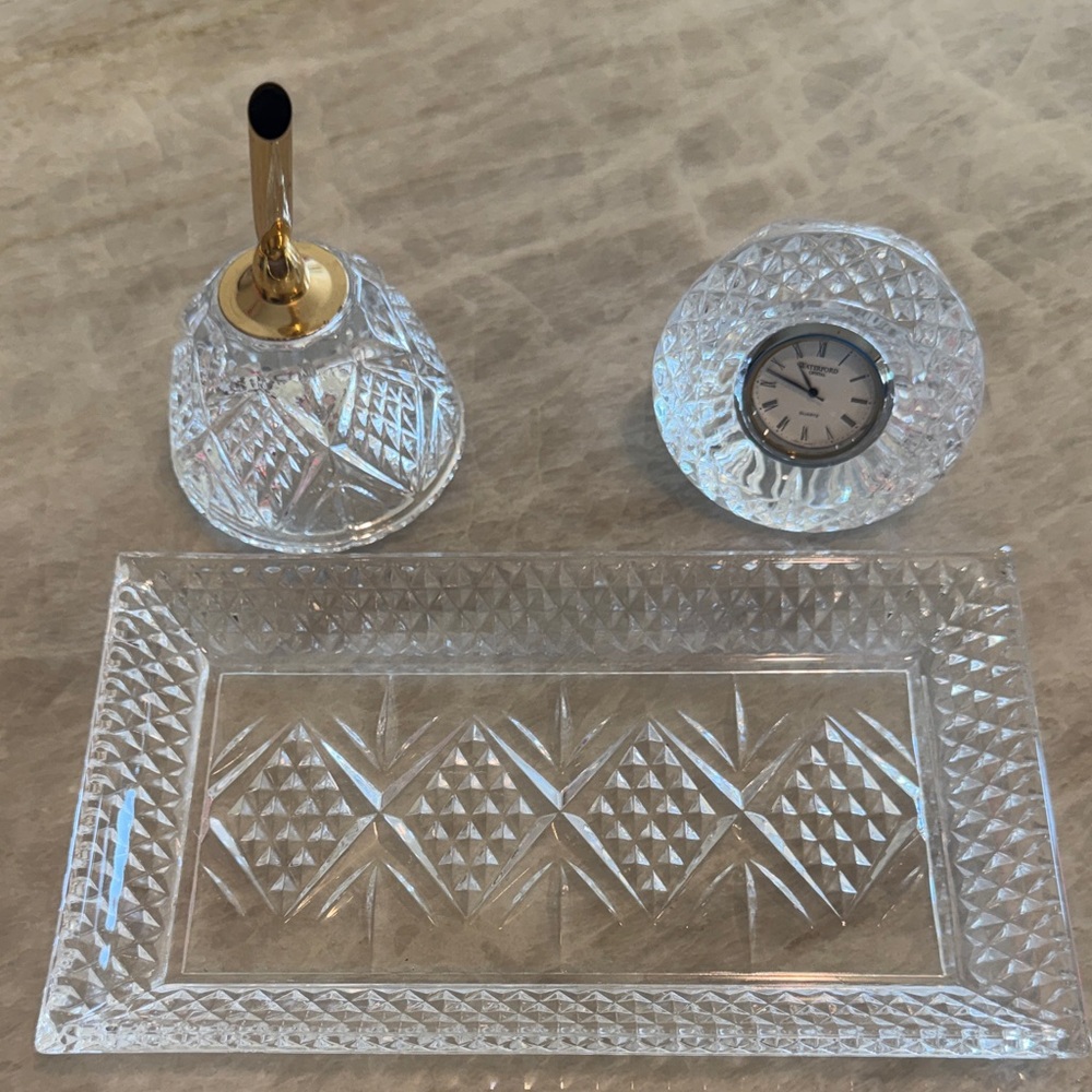Waterford Crystal Executive Desk Set with Pen Holder, Clock and Tray